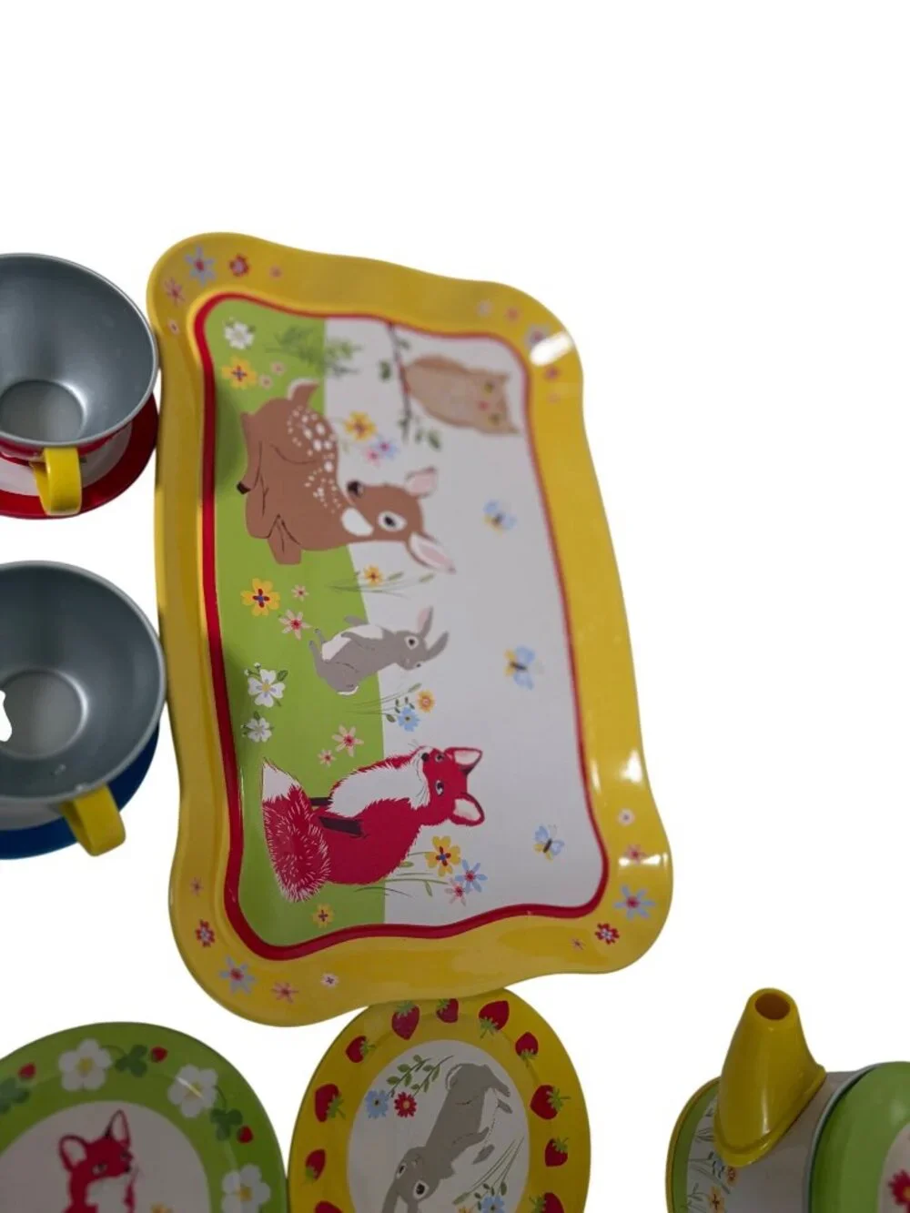 Metal Child Play Teaset 14 piece Multicolor floral Tray Teapot 4 cup Saucers 4 d